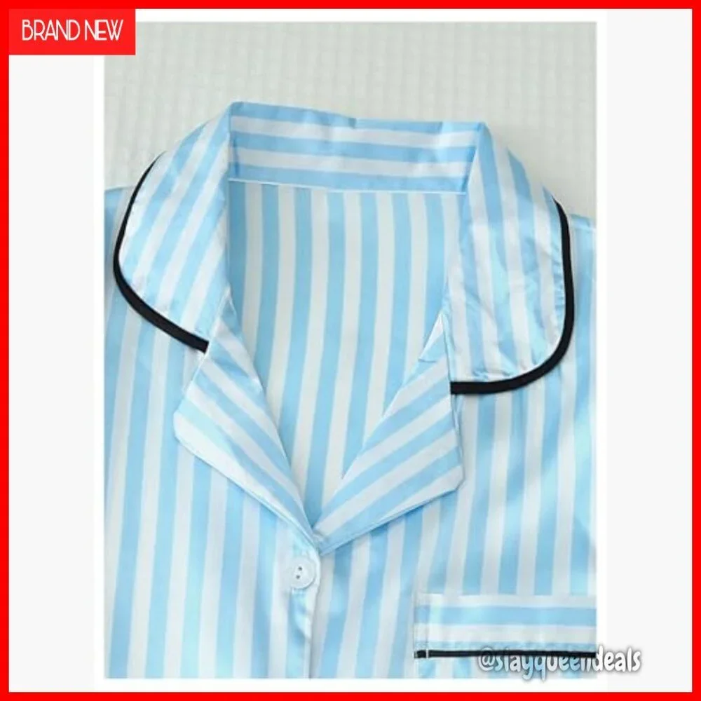 Satin Pajama Set with Button Up Top and Shorts, Striped Silk Pajamas